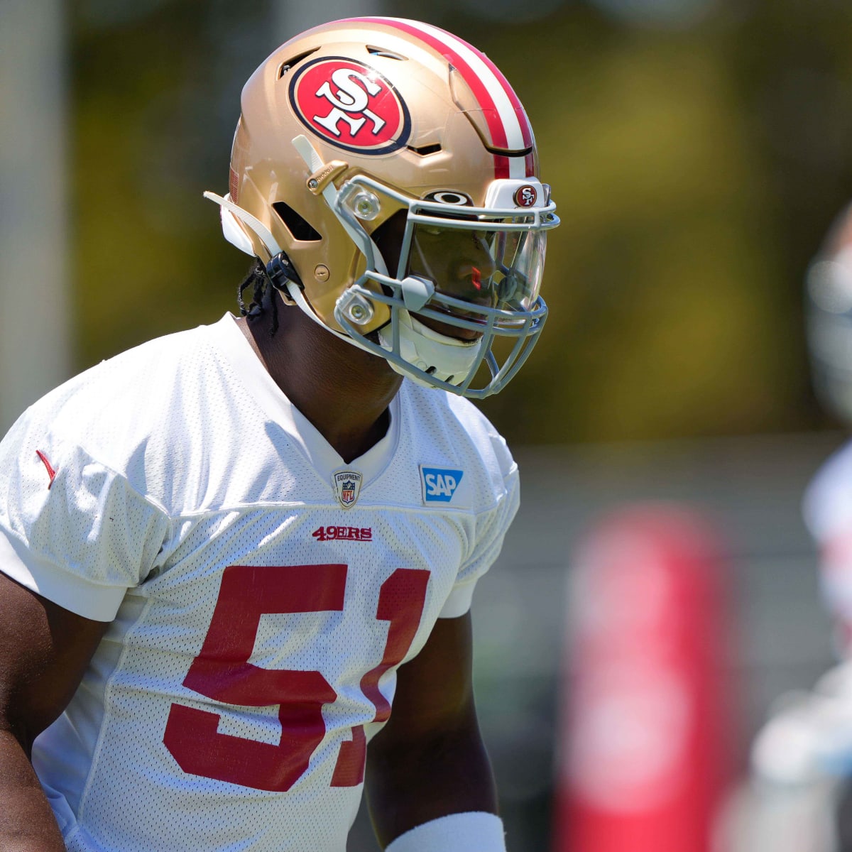 SANTA CLARA, CA - JANUARY 22: San Francisco 49ers linebacker Azeez  Al-Shaair (51) waits to start