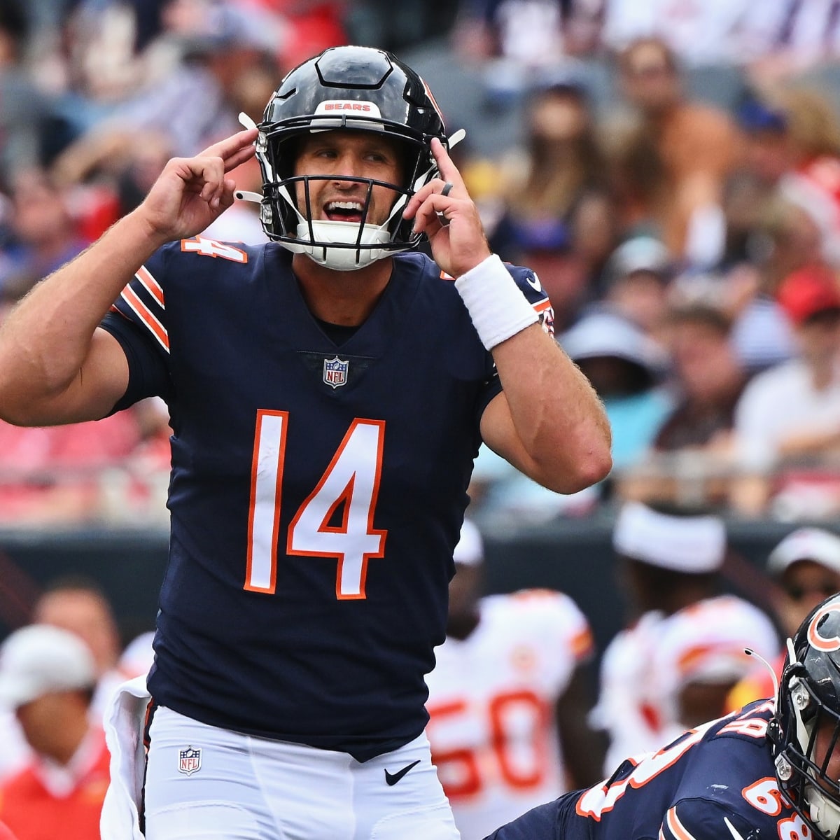 Chicago Bears quarterback Trevor Siemian (15) stands on the field during  the first half of an NFL football game against the Minnesota Vikings,  Sunday, Oct. 9, 2022, in Minneapolis. (AP Photo/Abbie Parr