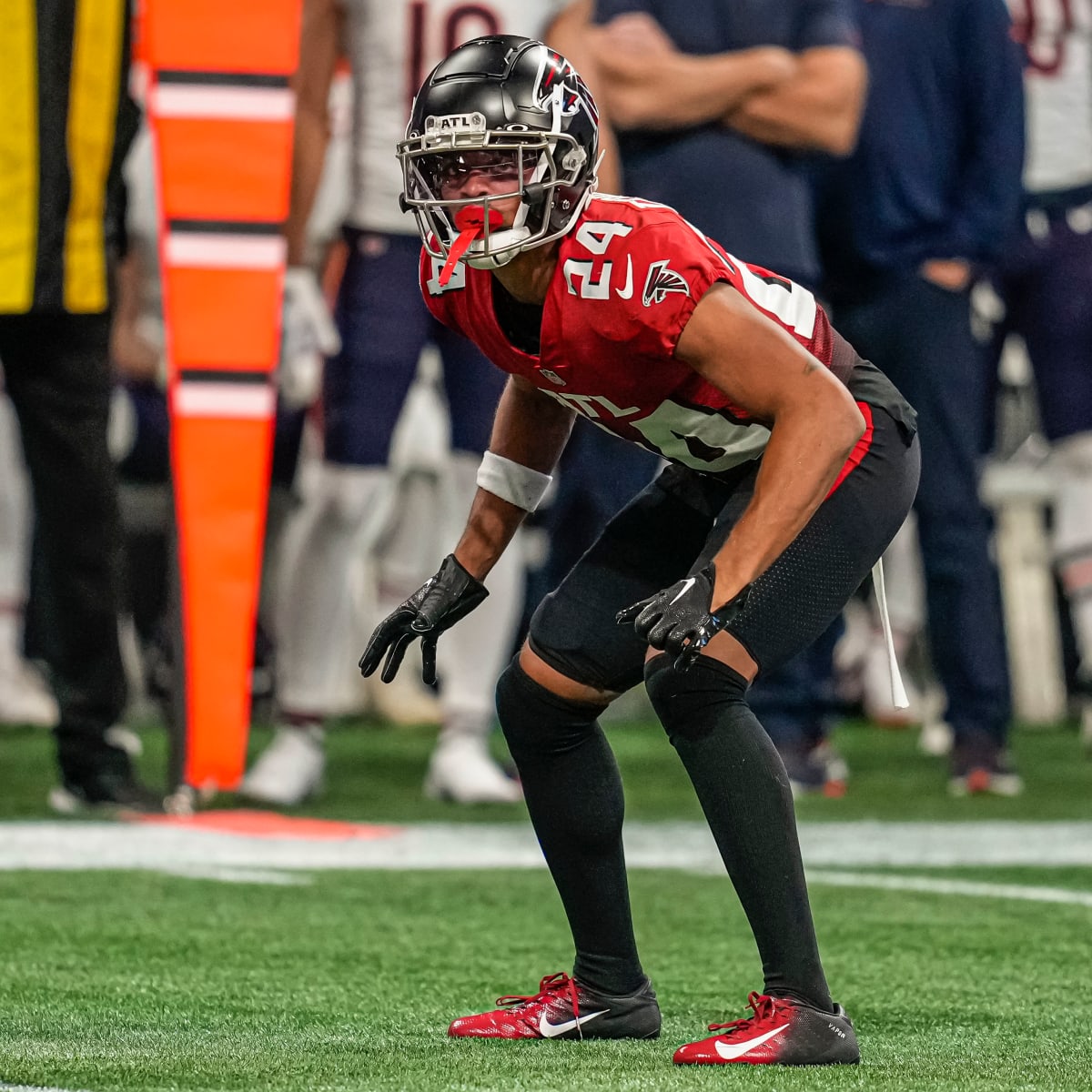 Atlanta Falcons cornerback A.J. Terrell gets a face full of snow