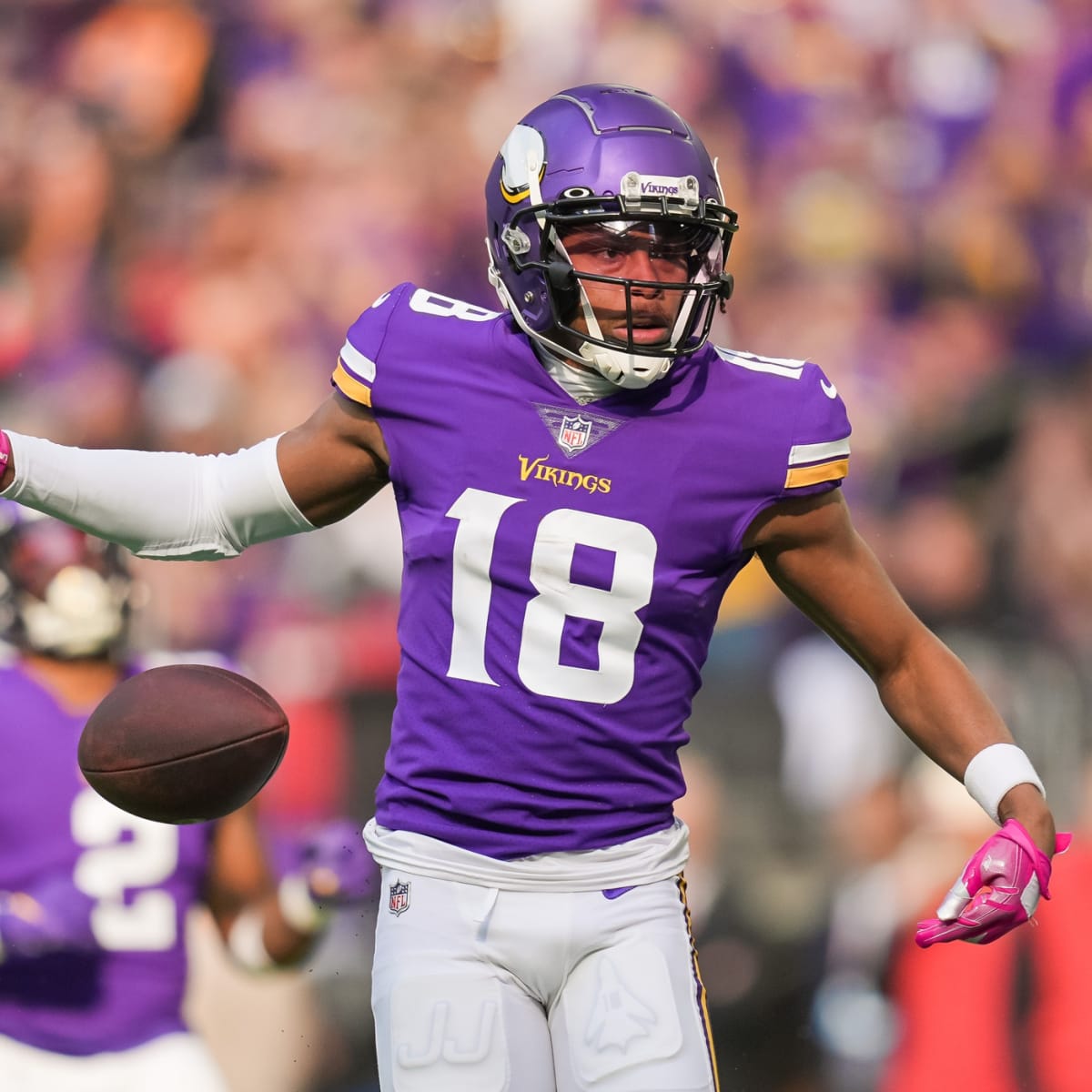 Minnesota Vikings wide receiver Justin Jefferson (18) celebrates