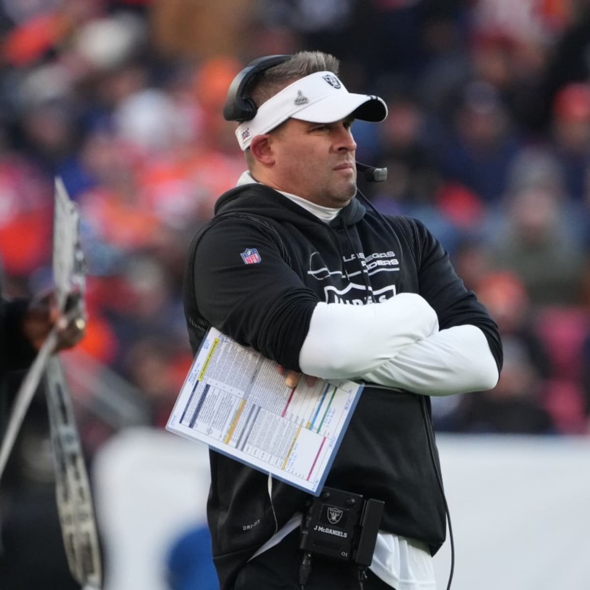 Las Vegas Raiders head coach Josh McDaniels watches replay during the first  half of an NFL football game against the Los Angeles Chargers, Sunday, Dec.  4, 2022, in Las Vegas. (AP Photo/Rick