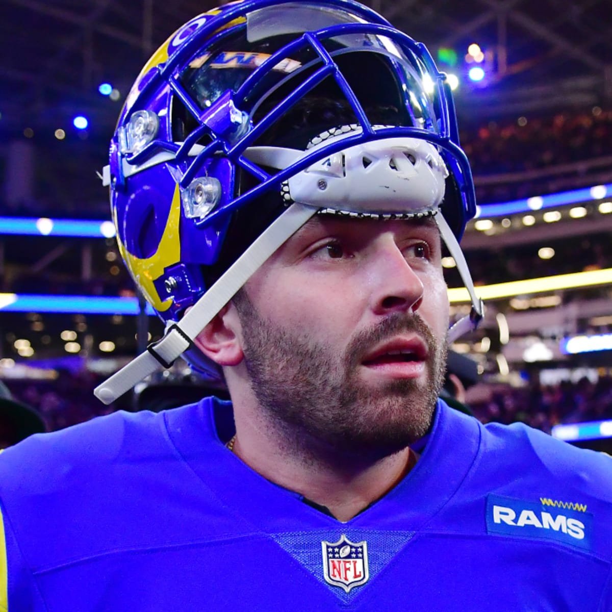 Los Angeles Rams quarterback Baker Mayfield reacts to winning