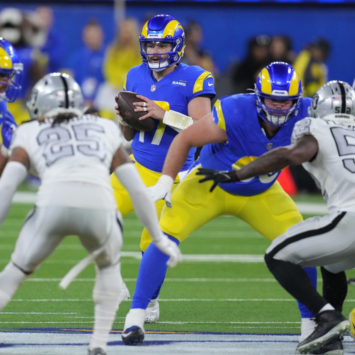 Las Vegas Raiders defensive end Maxx Crosby puts clamps on Los Angeles Rams  quarterback Baker Mayfield in a hurry for TFL on busted play