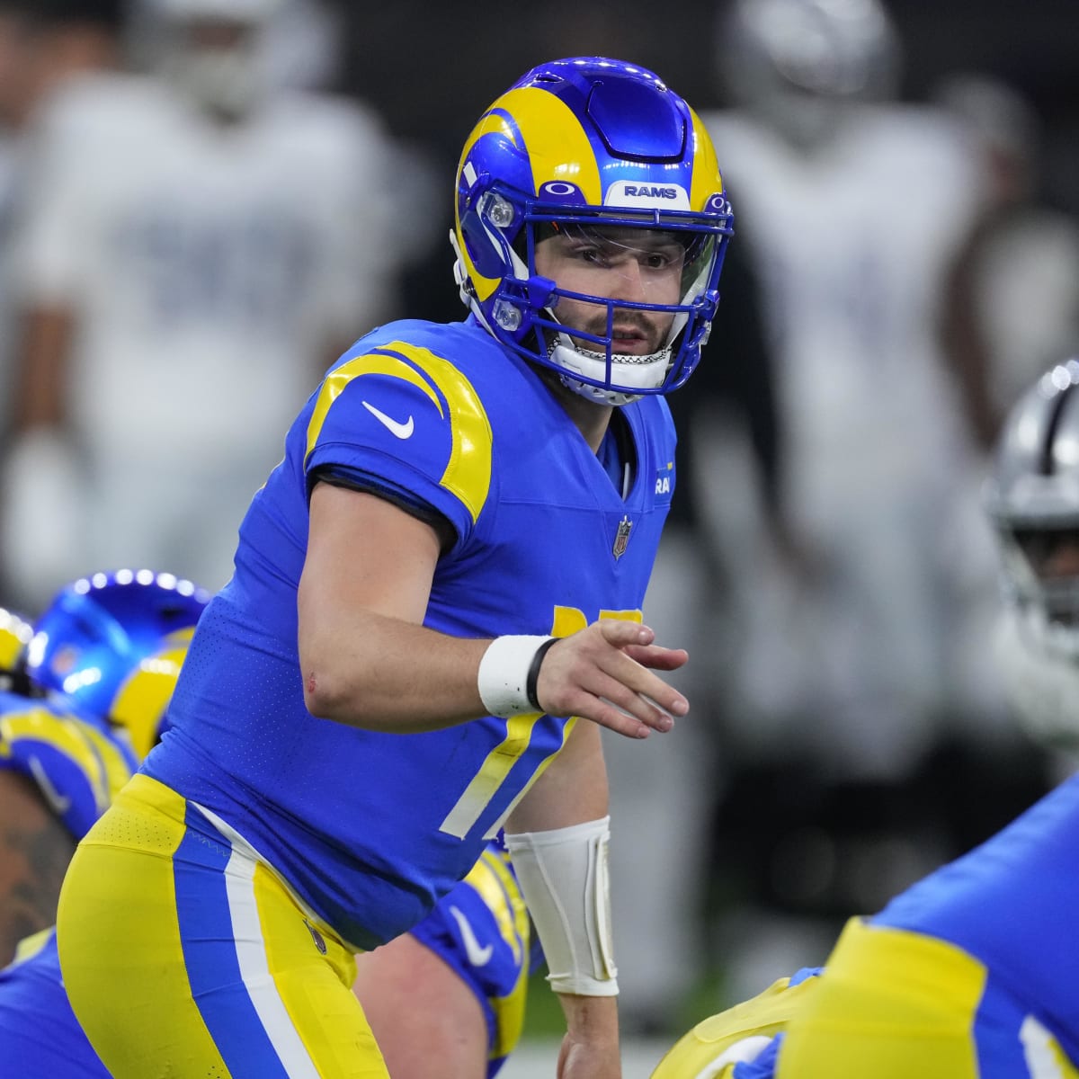 First look: Los Angeles Rams quarterback Baker Mayfield wearing No. 17 Rams  jersey in practice