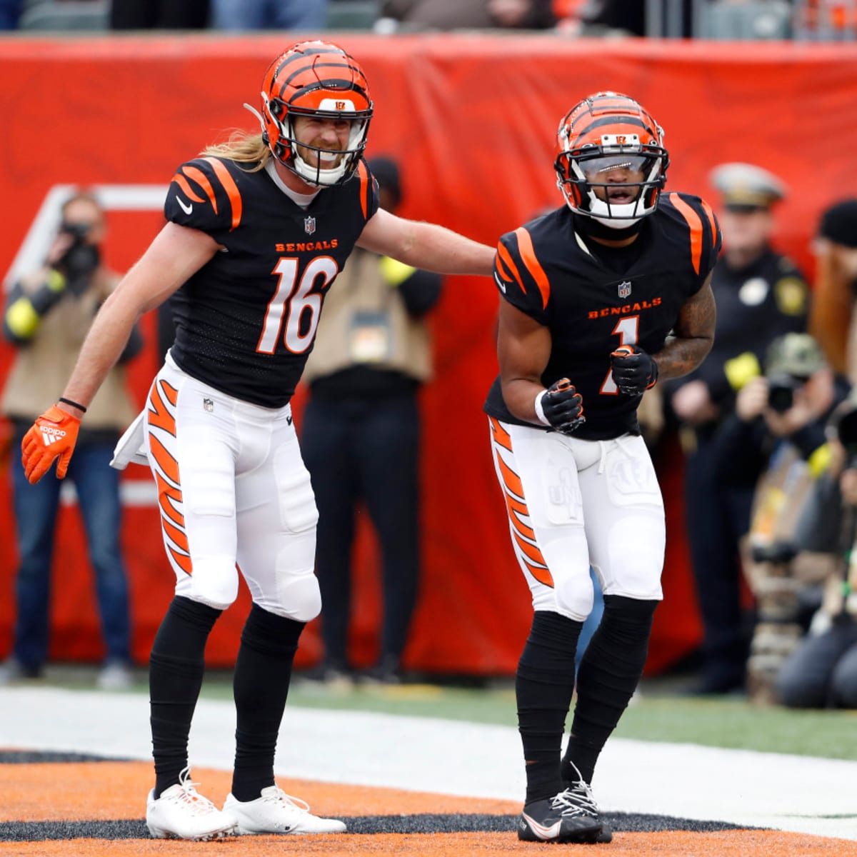 Cincinnati Bengals wide receiver Trenton Irwin (16) celebrates his  touchdown in the second half during an NFL football game against the  Cleveland Browns, Sunday, Dec. 11, 2022, in Cincinnati. (AP Photo/Emilee  Chinn