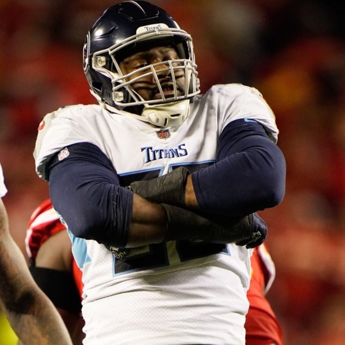 Tennessee Titans defensive end Denico Autry (96) stands on the sideline  during an NFL football game against the Buffalo Bills, Monday, Sept. 19,  2022, in Orchard Park, N.Y. (AP Photo/Kirk Irwin Stock