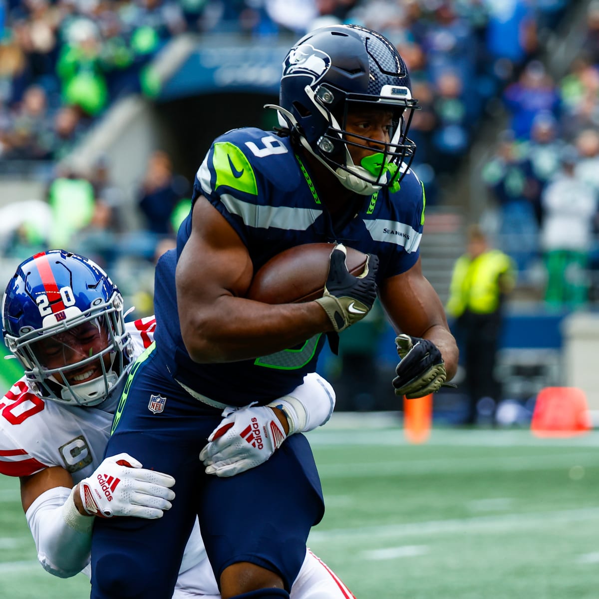 Seattle Seahawks running back Kenneth Walker III (9) runs during an NFL  wild card playoff football game against the San Francisco 49ers on Saturday,  Jan.14, 2023, in Santa Clara, Calif. (AP Photo/Scot