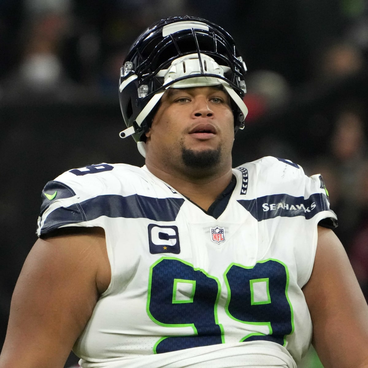 Seattle Seahawks defensive tackle Al Woods (99) is on the sideline as his  team plays against the Pittsburgh Steelers in an NFL football game, Sunday,  Oct.17, 2021, in Pittsburgh. (AP Photo/Don Wright