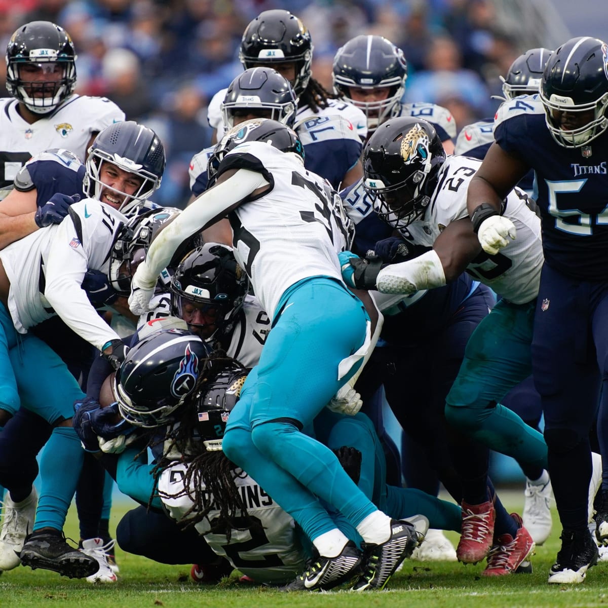 Tennessee Titans offensive tackle Nicholas Petit-Frere (78) in action  during an NFL football game against the Jacksonville Jaguars, Saturday,  Jan. 7, 2023, in Jacksonville, Fla. The Jaguars defeated the Titans 20-16.  (AP