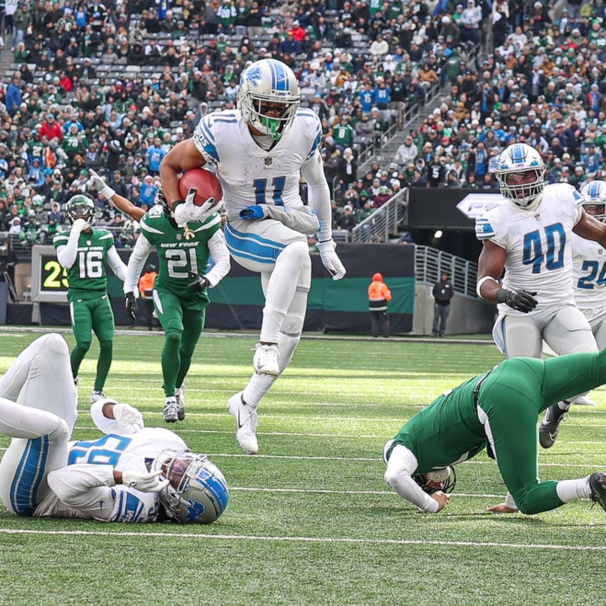 Detroit Lions linebacker Romeo Okwara (95) reacts after a play during the  second half of an NFL preseason football game against the New York Giants,  Friday, Aug. 11, 2023, in Detroit. (AP