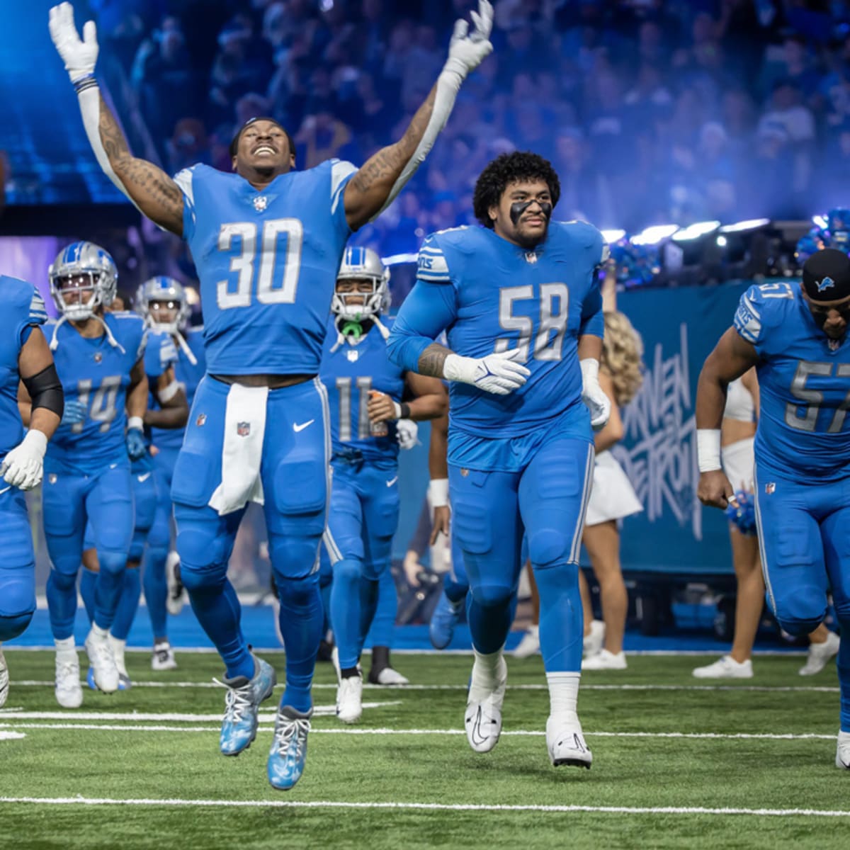 DETROIT, MI - SEPTEMBER 26: Detroit Lions running back Jamaal Williams (30)  celebrates after a fourth quarter touchdown during NFL game between  Baltimore Ravens and Detroit Lions on September 26, 2021 at