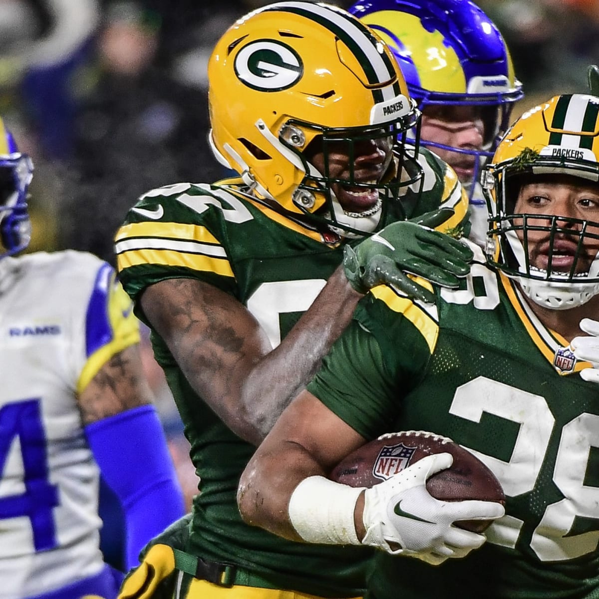 Green Bay, Wisconsin, USA. 03rd Oct, 2021. Green Bay Packers running back  AJ Dillon (28) rushes for a big gain during the NFL football game between  the Pittsburgh Steelers and the Green