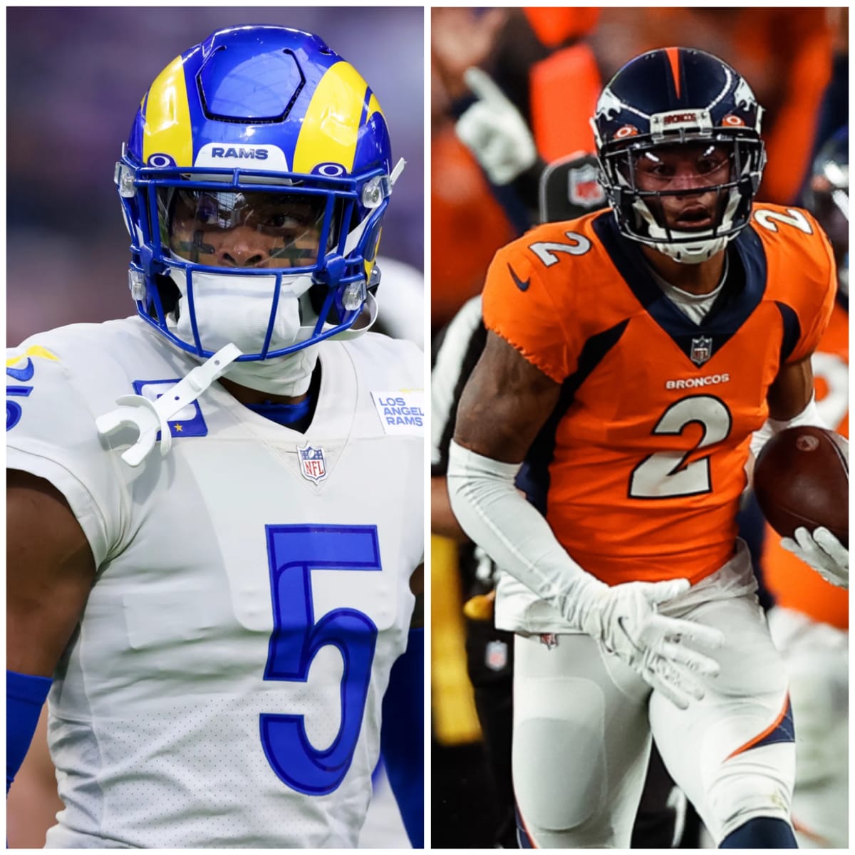 Los Angeles Rams cornerback Jalen Ramsey jumps up over Denver