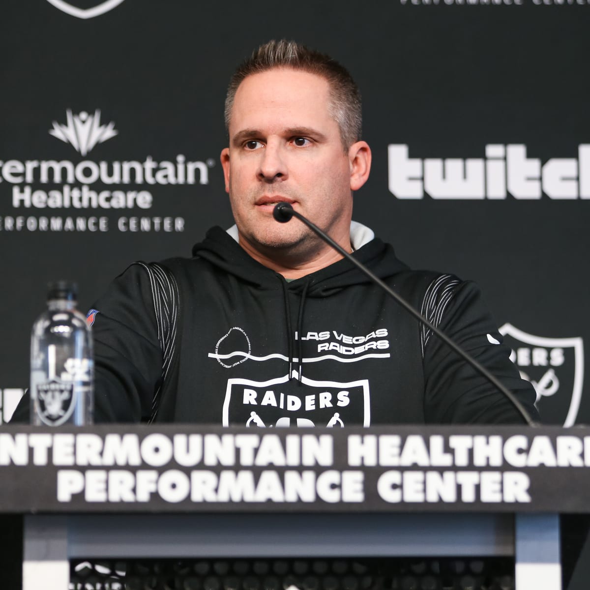 Las Vegas Raiders head coach Josh McDaniels watches replay during