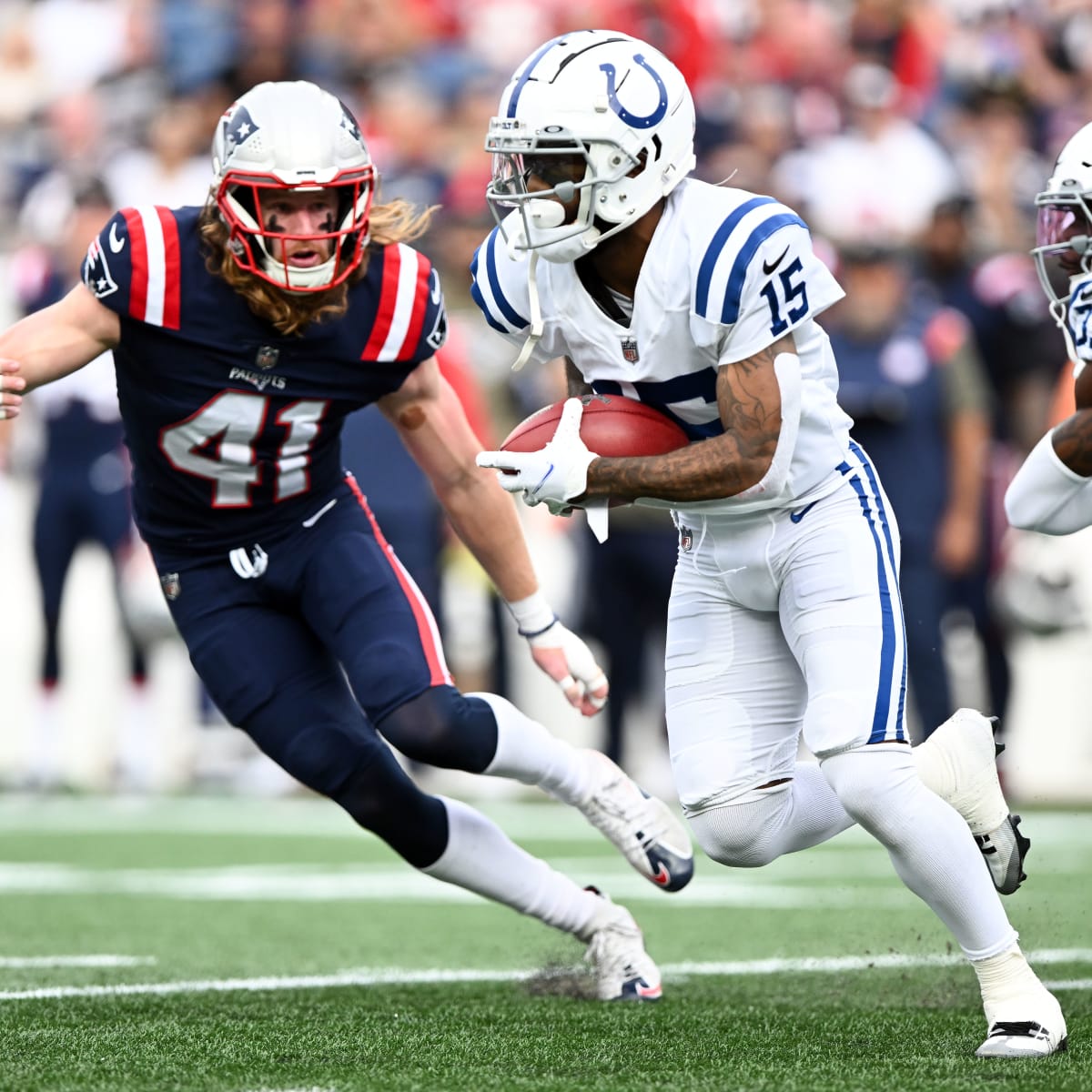 New England Patriots safety Brenden Schooler (41) reacts against