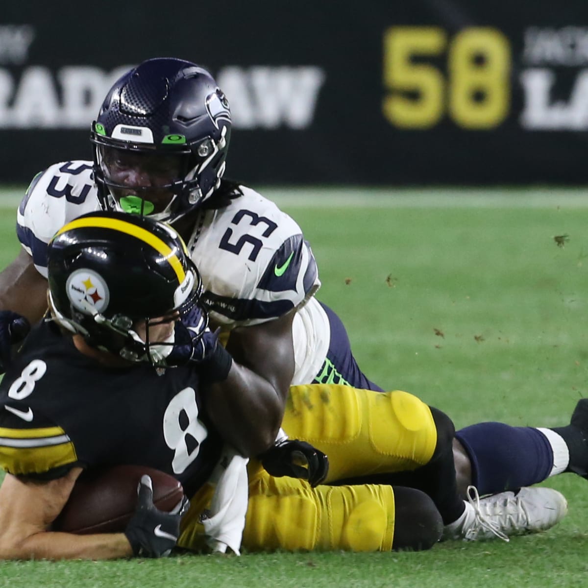 Seattle Seahawks linebacker Boye Mafe (53) walks with linebacker Derick  Hall (58) during the NFL football team's training camp, Thursday, July 27,  2023, in Renton, Wash. (AP Photo/Lindsey Wasson Stock Photo - Alamy