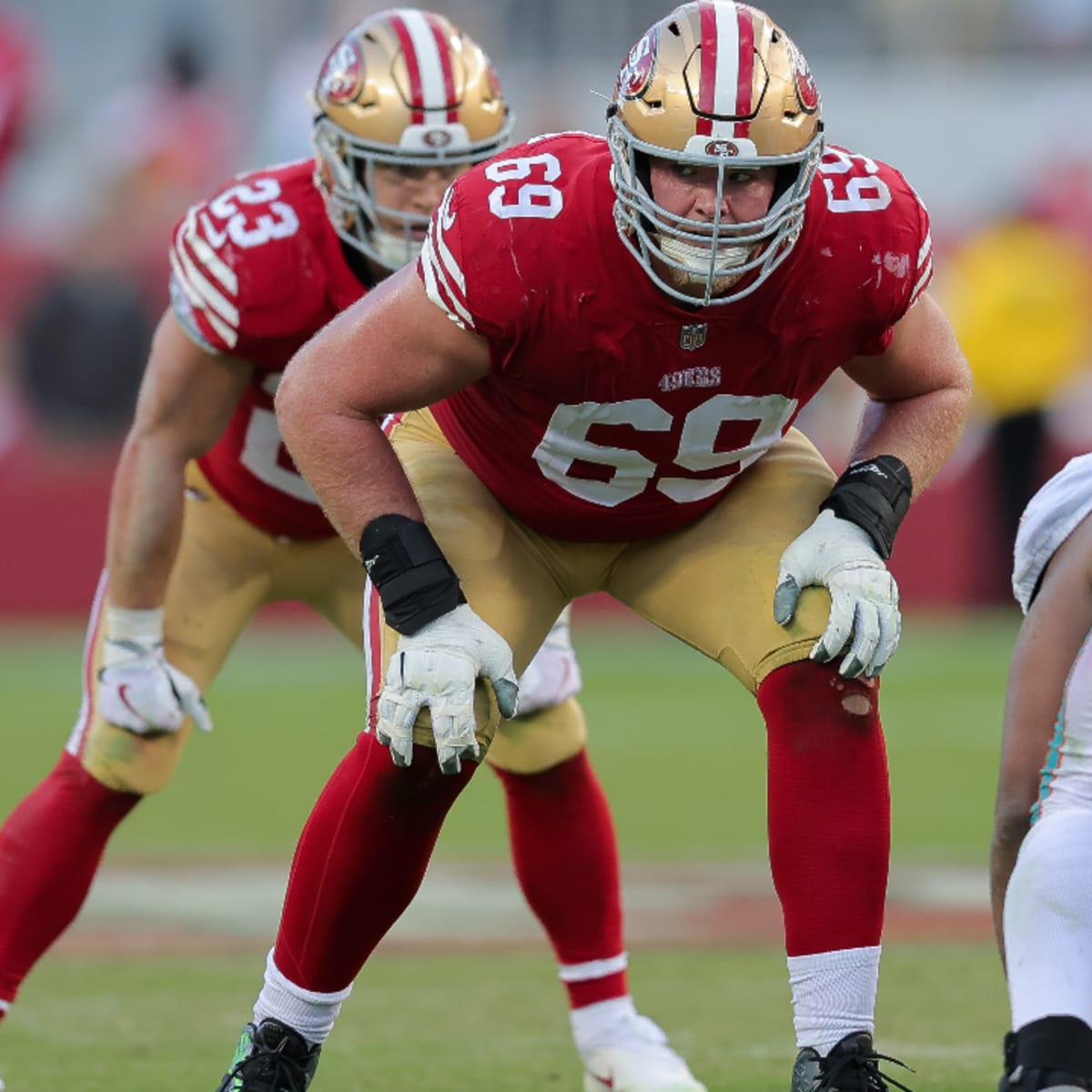 August 25, 2018: San Francisco 49ers offensive lineman Mike McGlinchey (69)  during NFL football preseason game action between the San Francisco 49ers  and the Indianapolis Colts at Lucas Oil Stadium in Indianapolis