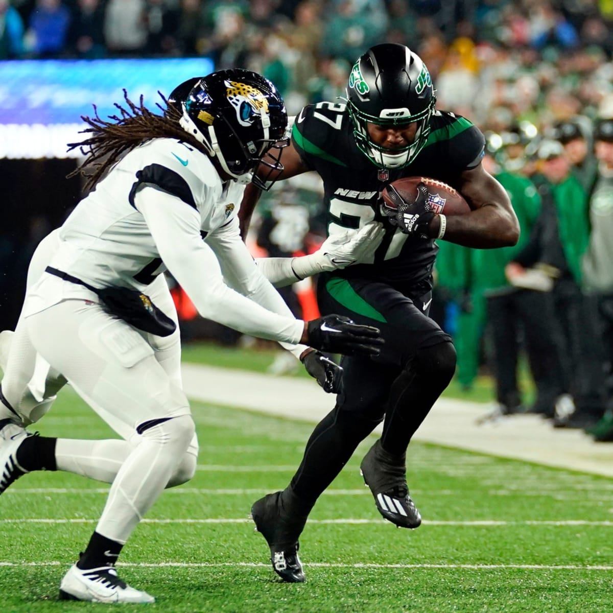 New York Jets running back Ty Johnson (25) looks on against the New England  Patriots during an NFL football game Sunday, Oct. 30, 2022, in East  Rutherford, N.J. (AP Photo/Adam Hunger Stock