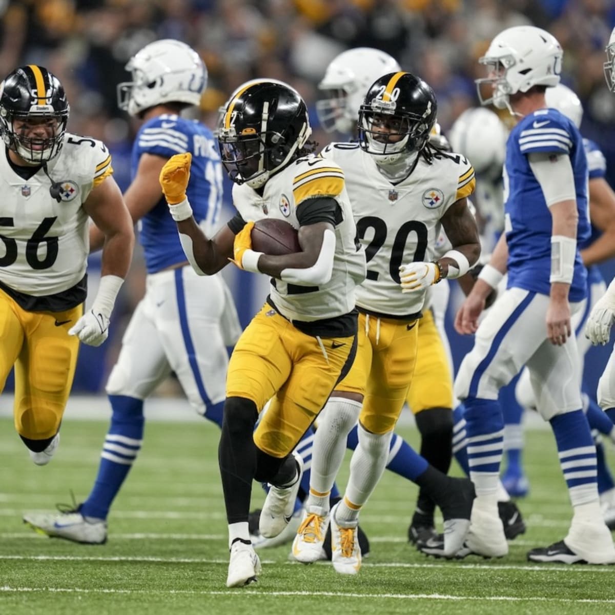 Pittsburgh Steelers cornerback James Pierre (42) runs after the ball during  an NFL football game against the Cleveland Browns, Thursday, Sept. 22,  2022, in Cleveland. (AP Photo/Kirk Irwin Stock Photo - Alamy