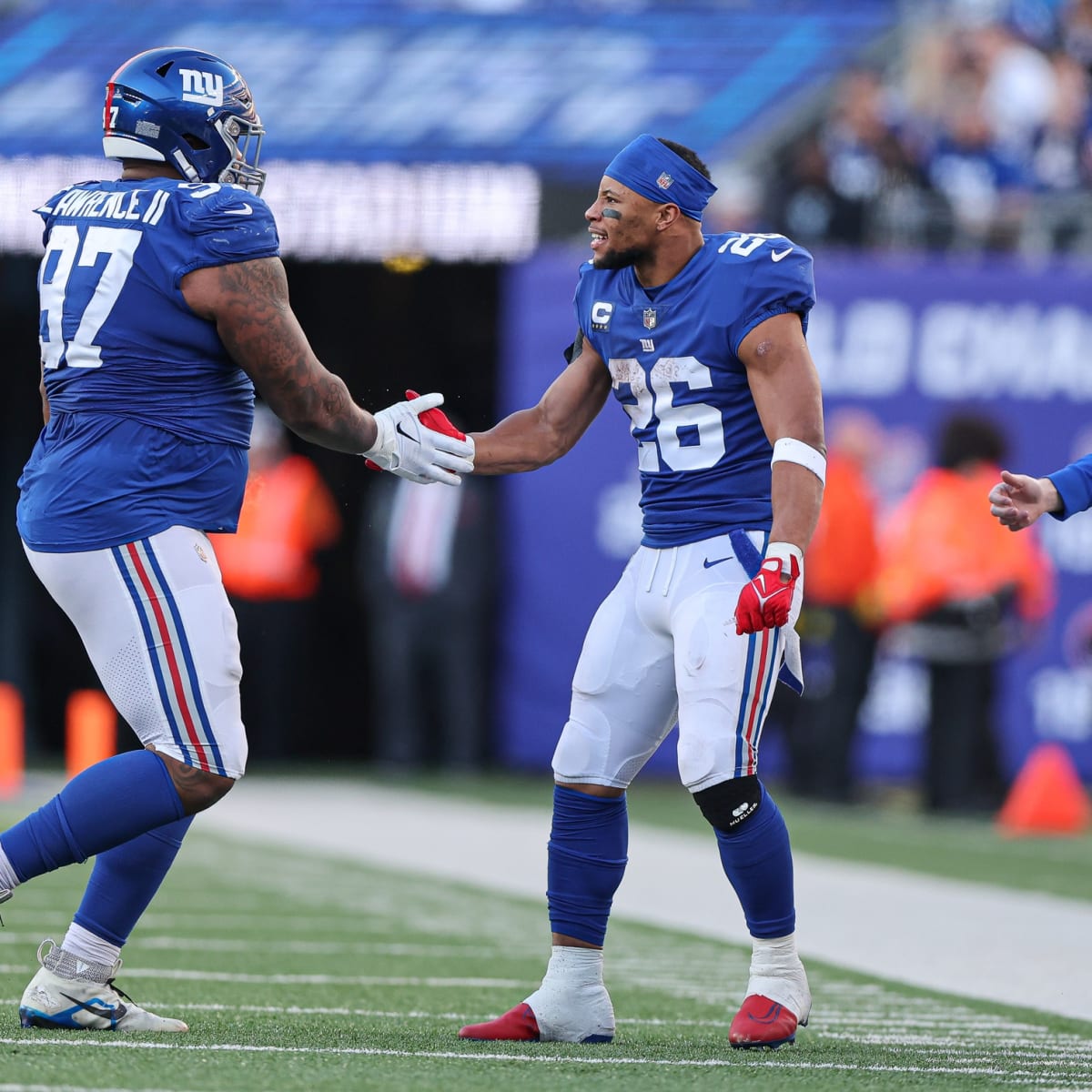 January 1, 2023, East Rutherford, New Jersey, USA: New York Giants running  back Saquon Barkley (26) runs up field during a NFL game against the  Indianapolis Colts in East Rutherford, New Jersey.