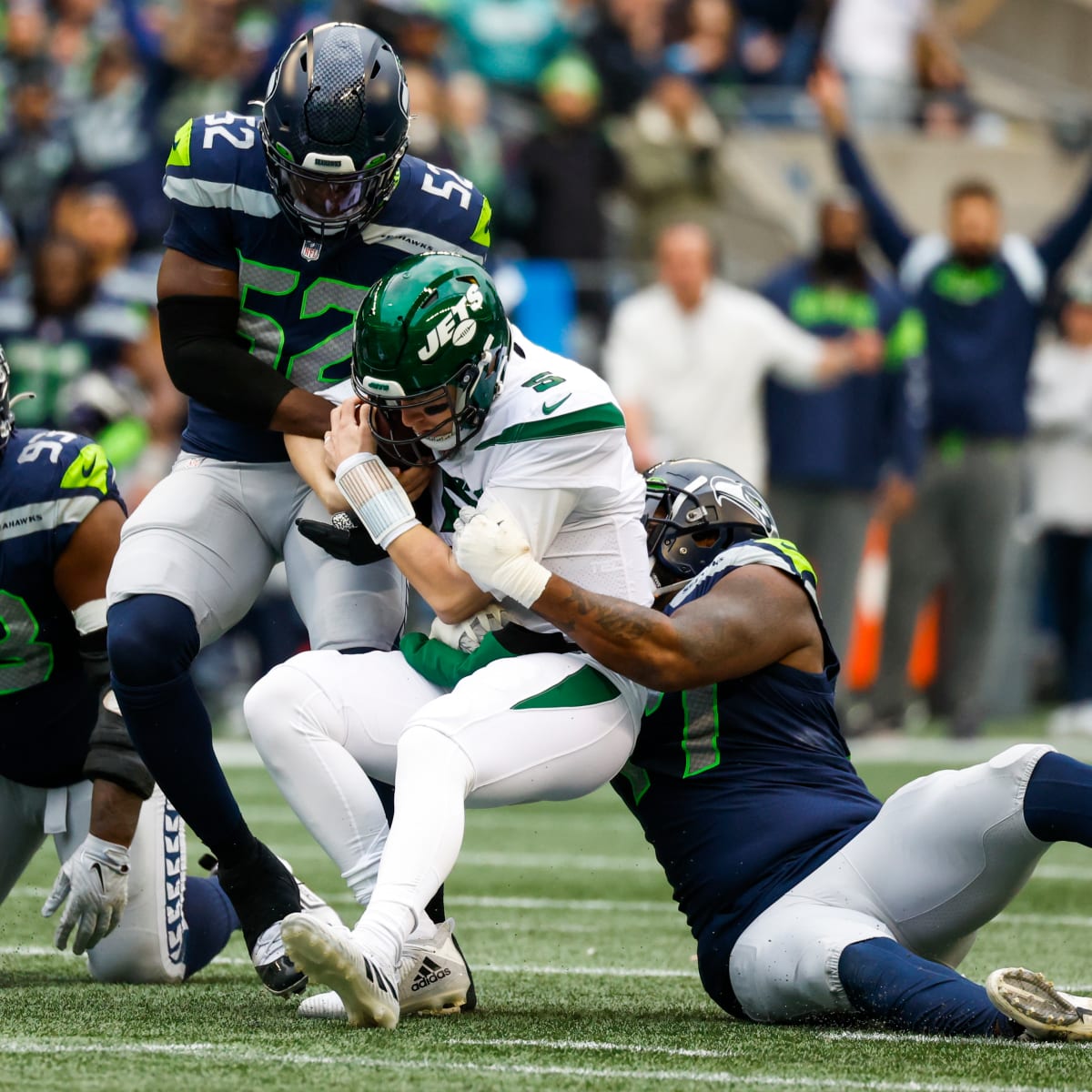 Seattle Seahawks defensive end Quinton Jefferson (99) reacts after