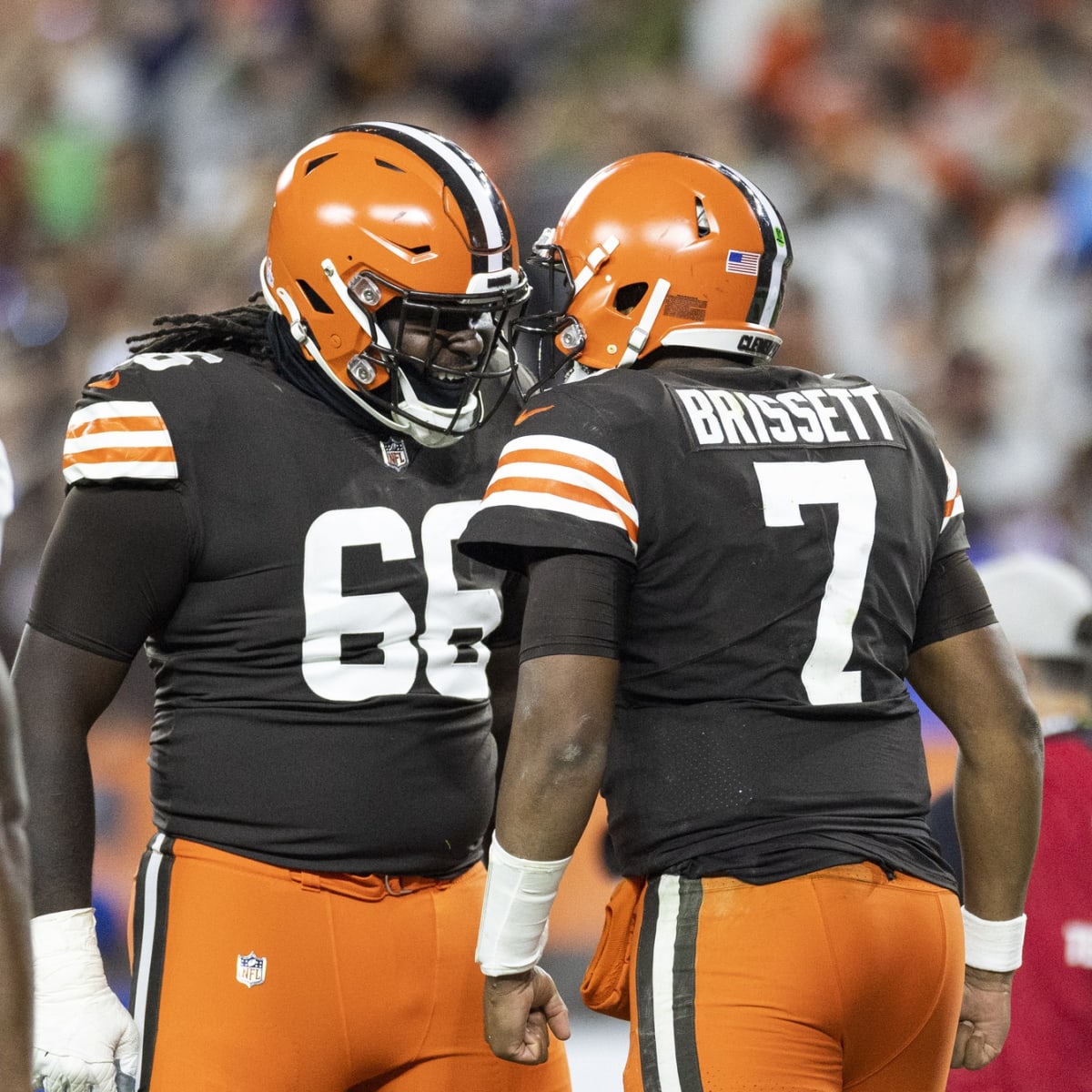 Cleveland Browns offensive tackle James Hudson III (66) walks back to the  line of scrimmage during