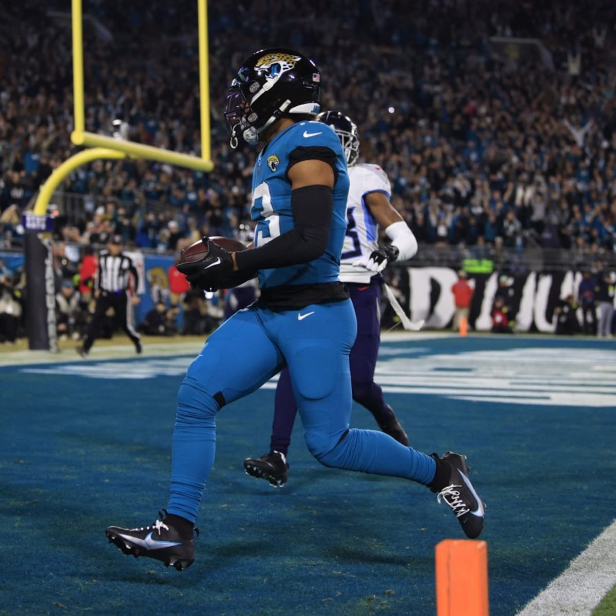 Jacksonville Jaguars linebacker Josh Allen (41) runs onto the field for an NFL  football game against the Tennessee Titans, Saturday, Jan. 7, 2023, in  Jacksonville, Fla. The Jaguars defeated the Titans 20-16. (