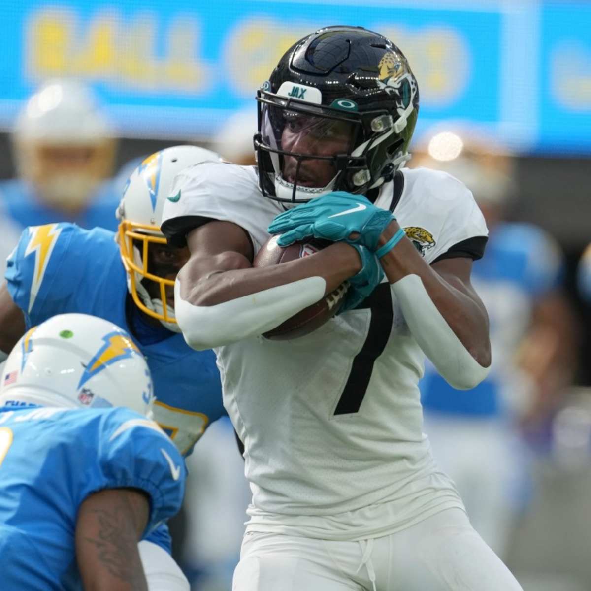 The Jacksonville Jaguars defense, left, sets up against the Los Angeles  Chargers offense at the line of scrimmage during the second half of an NFL  football game Sunday, Dec. 8, 2019, in