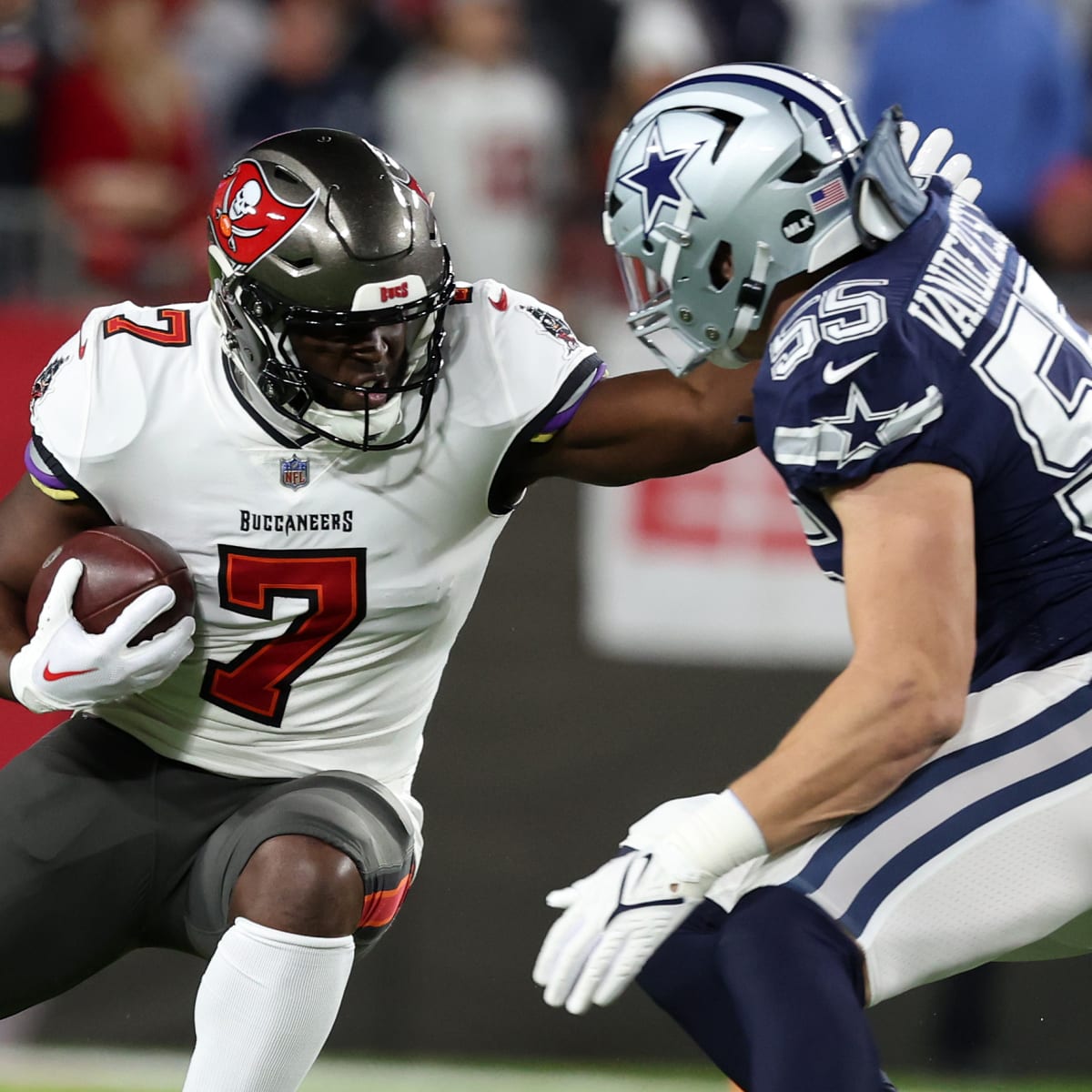 Dallas Cowboys linebacker Leighton Vander Esch (55) defense in the secondary  as he eyes the quarterback during an NFL wild-card football game against  the Tampa Bay Buccaneers, Monday, Jan. 16, 2023, in