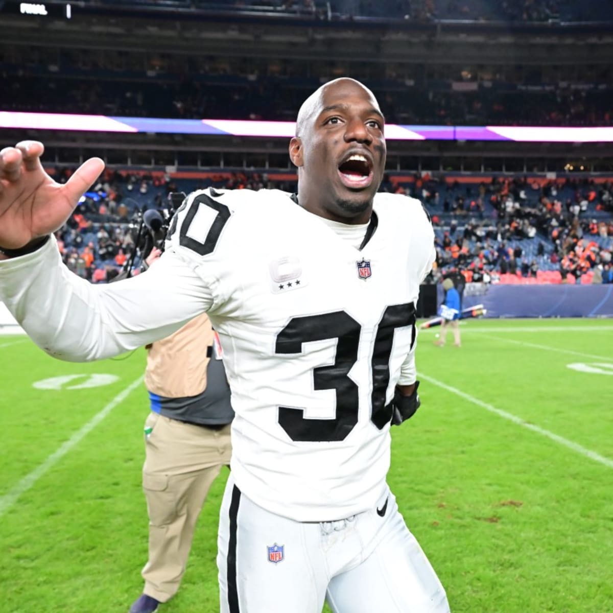 Las Vegas Raiders safety Duron Harmon (30) celebrates a missed field goal  by the Los Angeles Chargers during the second half of an NFL football game,  Sunday, Dec. 4, 2022, in Las