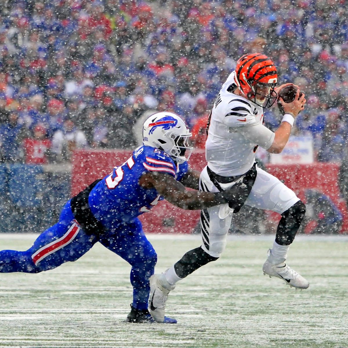 Joe Burrow of the Cincinnati Bengals looks on against the Buffalo