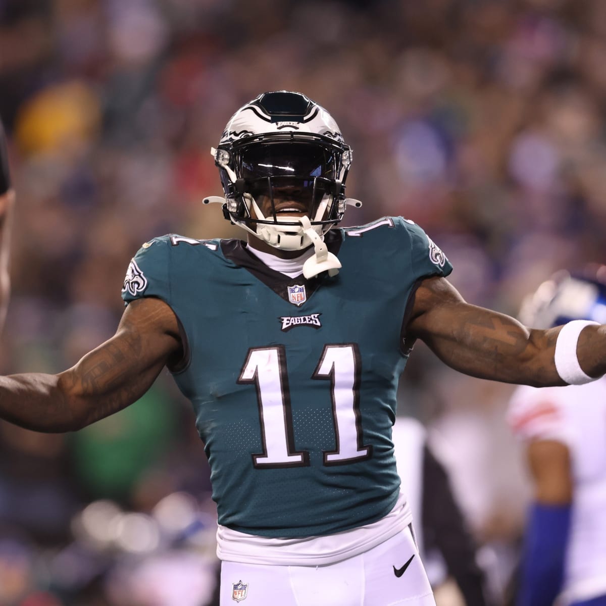 Philadelphia Eagles wide receiver A.J. Brown (11) in action during warm-ups  prior to the NFL divisional round playoff football game against the New  York Giants, Saturday, Jan. 21, 2023, in Philadelphia. (AP