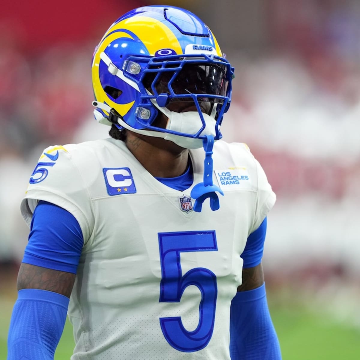 Jalen Ramsey of the Los Angeles Rams sits on the bench during a 31