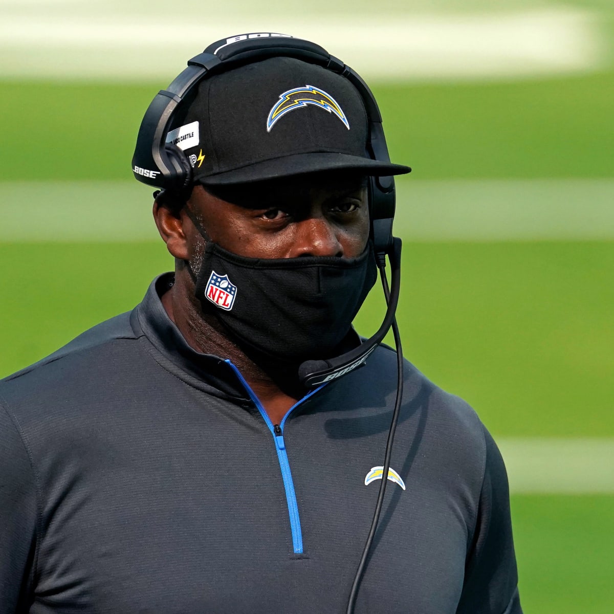 Los Angeles Chargers head coach Anthony Lynn wears a face shield and a Salute  to Service shirt on the field before the Los Angeles Chargers take on the  Miami Dolphins during an NFL football game, Sunday, Nov. 15, 2020, in Miami  Gardens, Fla. (AP