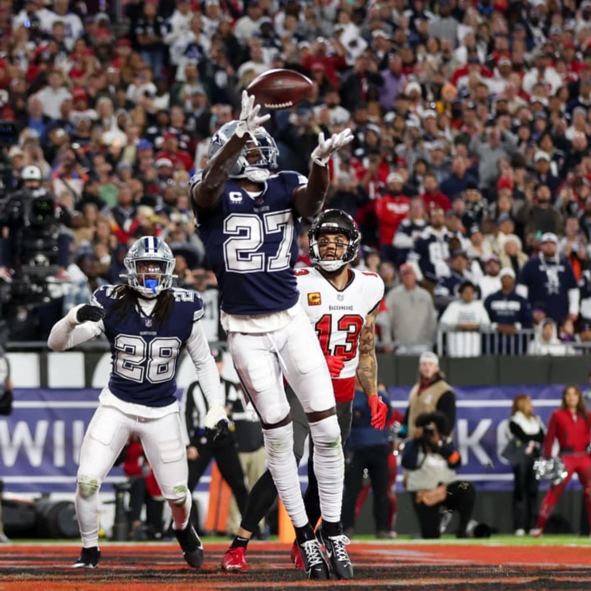 Dallas Cowboys safety Jayron Kearse (27) leaves the field in celebration  after Dallas beat the Minnesota Vikings 40-3 during an NFL football game  Sunday, Nov. 20, 2022 in Minneapolis. (AP Photo/Stacy Bengs