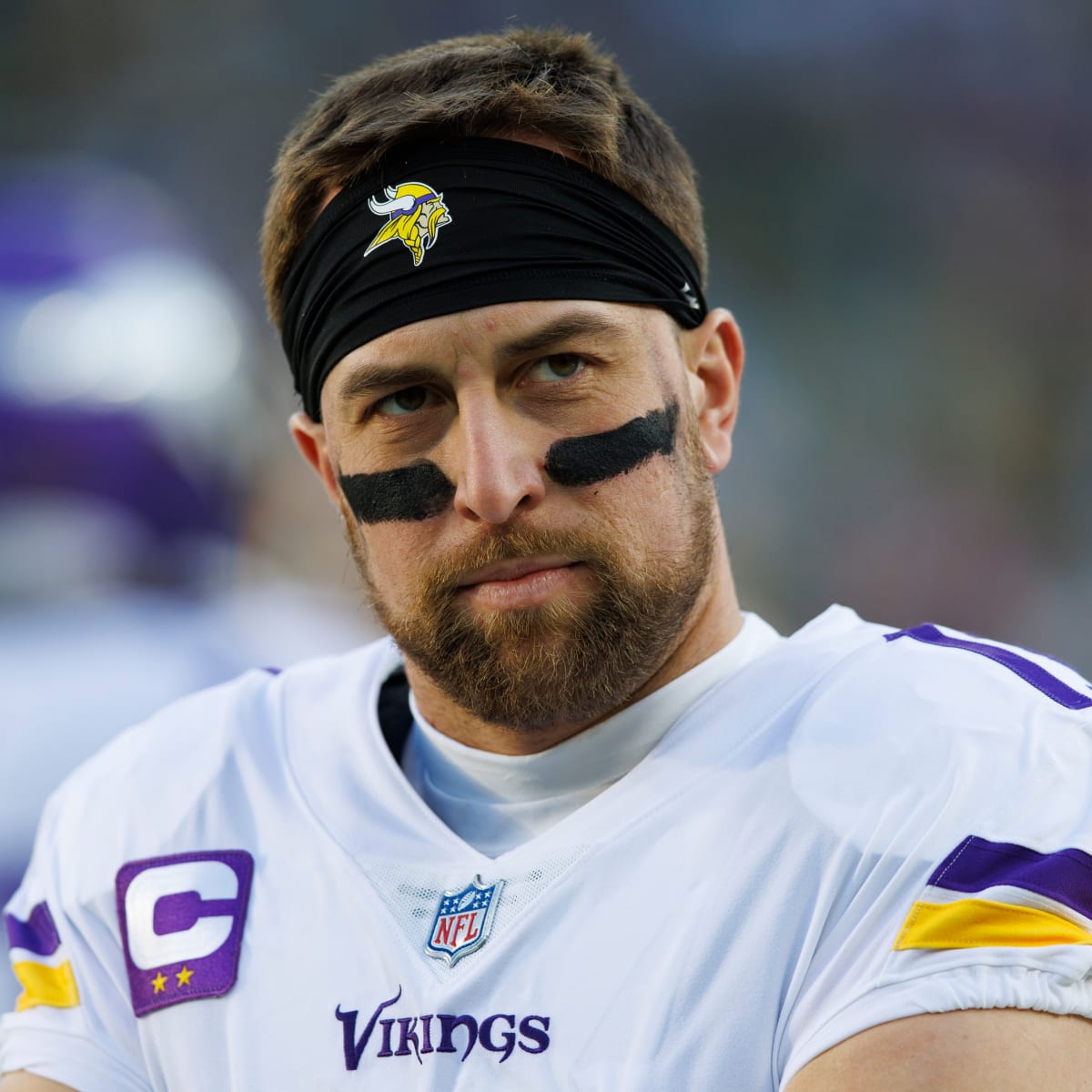 Former Minnesota Vikings defensive end Jared Allen sounds the Gjallarhorn  before an NFL football game between the Minnesota Vikings and the Arizona  Cardinals, Sunday, Oct. 30, 2022, in Minneapolis. (AP Photo/Bruce Kluckhohn