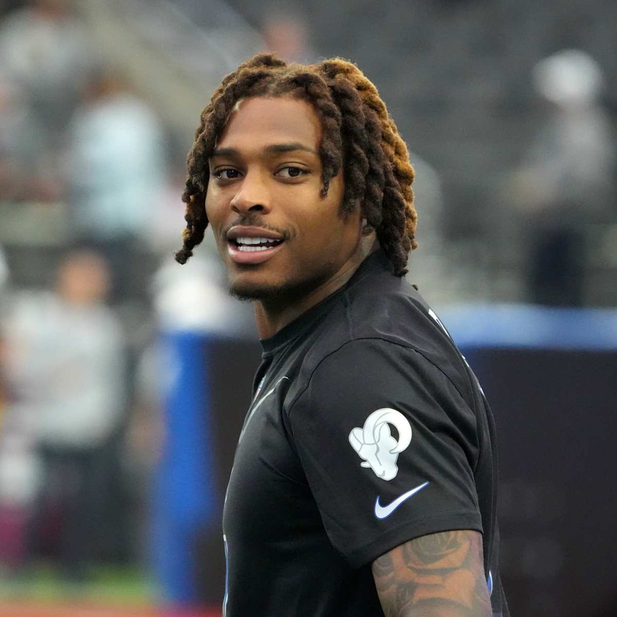 Jalen Ramsey of the Los Angeles Rams stands in the tunnel prior to