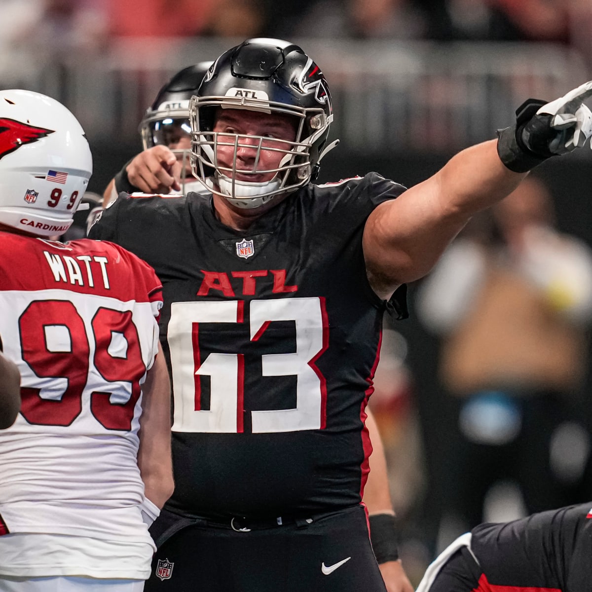 Atlanta Falcons guard Chris Lindstrom (63) lines up during the first half  of an NFL football game against the San Francisco 49ers, Sunday, Oct. 16,  2022, in Atlanta. The Atlanta Falcons won