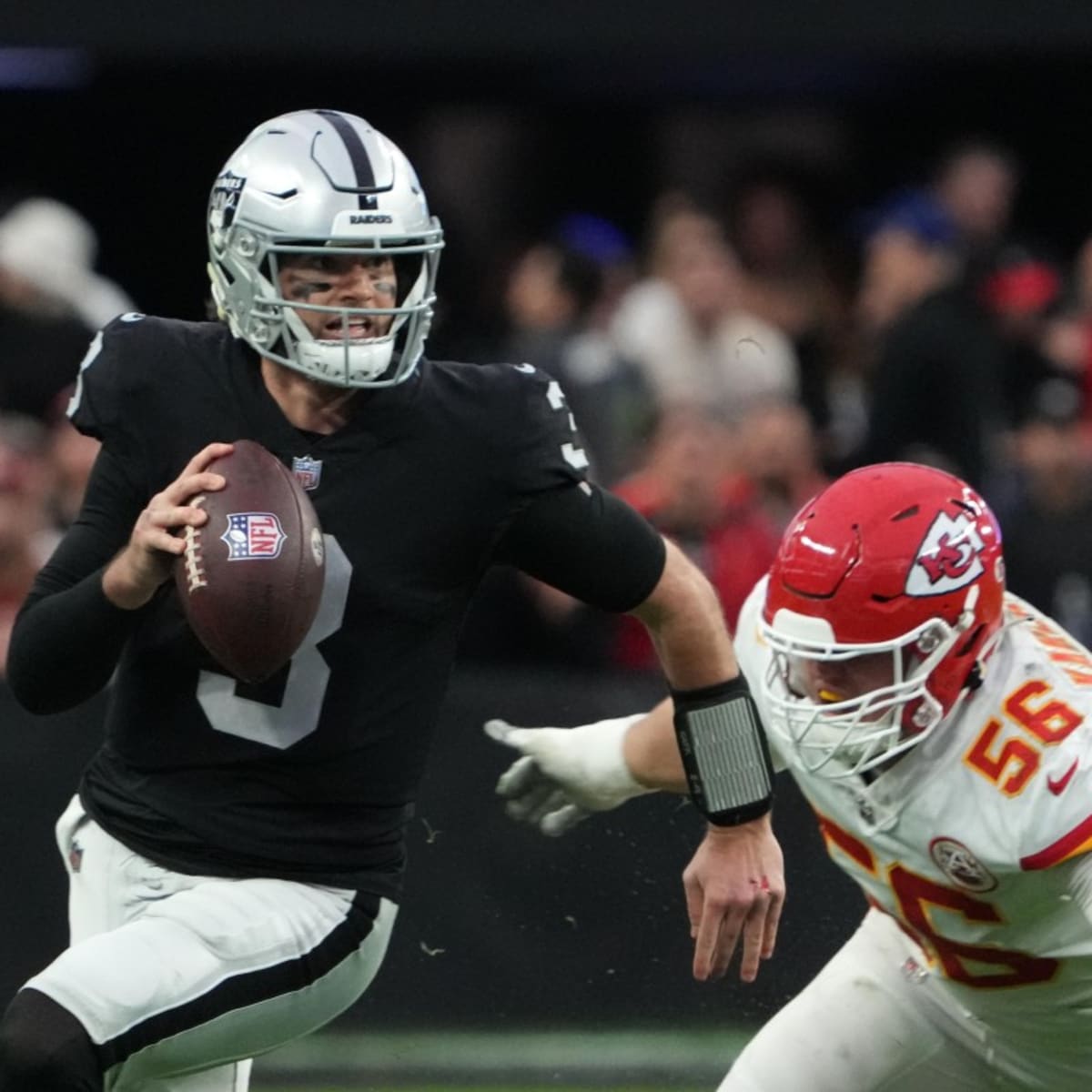 Las Vegas Raiders quarterback Jarrett Stidham is tackled by Minnesota  Vikings defensive tackle T.Y. McGill during the first half of an NFL  preseason football game, Sunday, Aug. 14, 2022, in Las Vegas. (