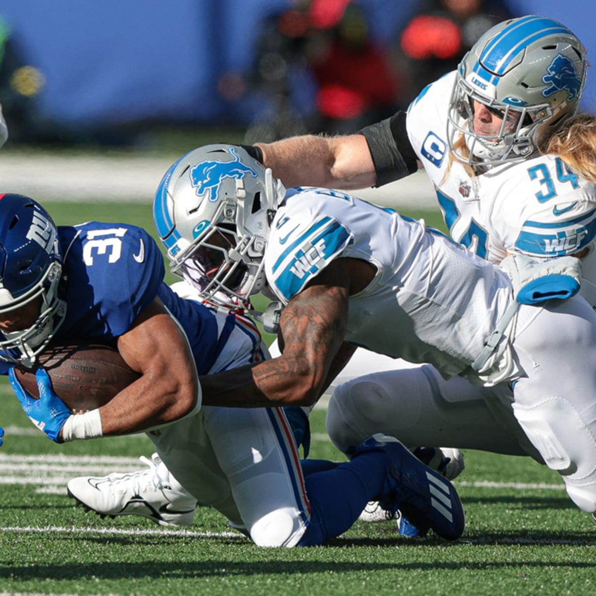 Detroit Lions linebacker Alex Anzalone participates during a drill