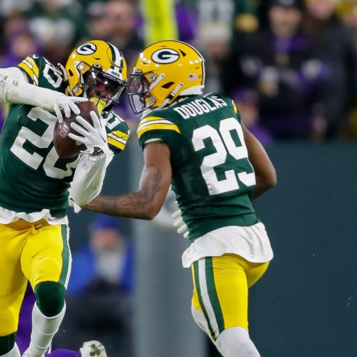 Green Bay Packers safety Rudy Ford (20) lines up during the first half of  an NFL football game against the Atlanta Falcons, Sunday, Sep. 17, 2023, in  Atlanta. The Atlanta Falcons won