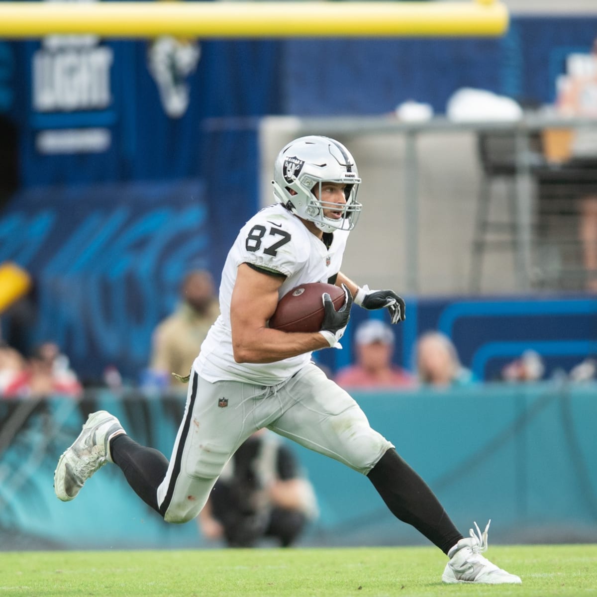 Oakland, California, USA. 17th Nov, 2019. Oakland Raiders tight end Foster  Moreau (87) celebrates his touchdown, during a NFL game between the  Cincinnati Bengals and the Oakland Raiders at the Oakland Coliseum