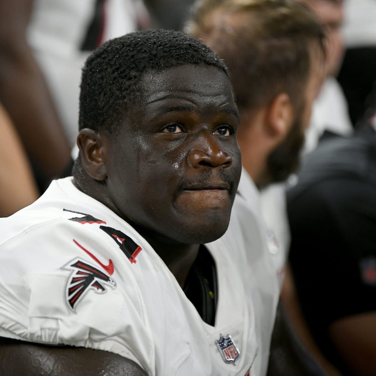 Atlanta Falcons guard Germain Ifedi (74) watches before a