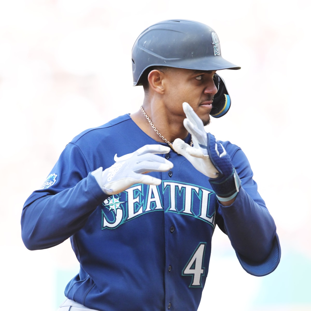 Seattle Mariners' Julio Rodriguez looks for a pitch during an at