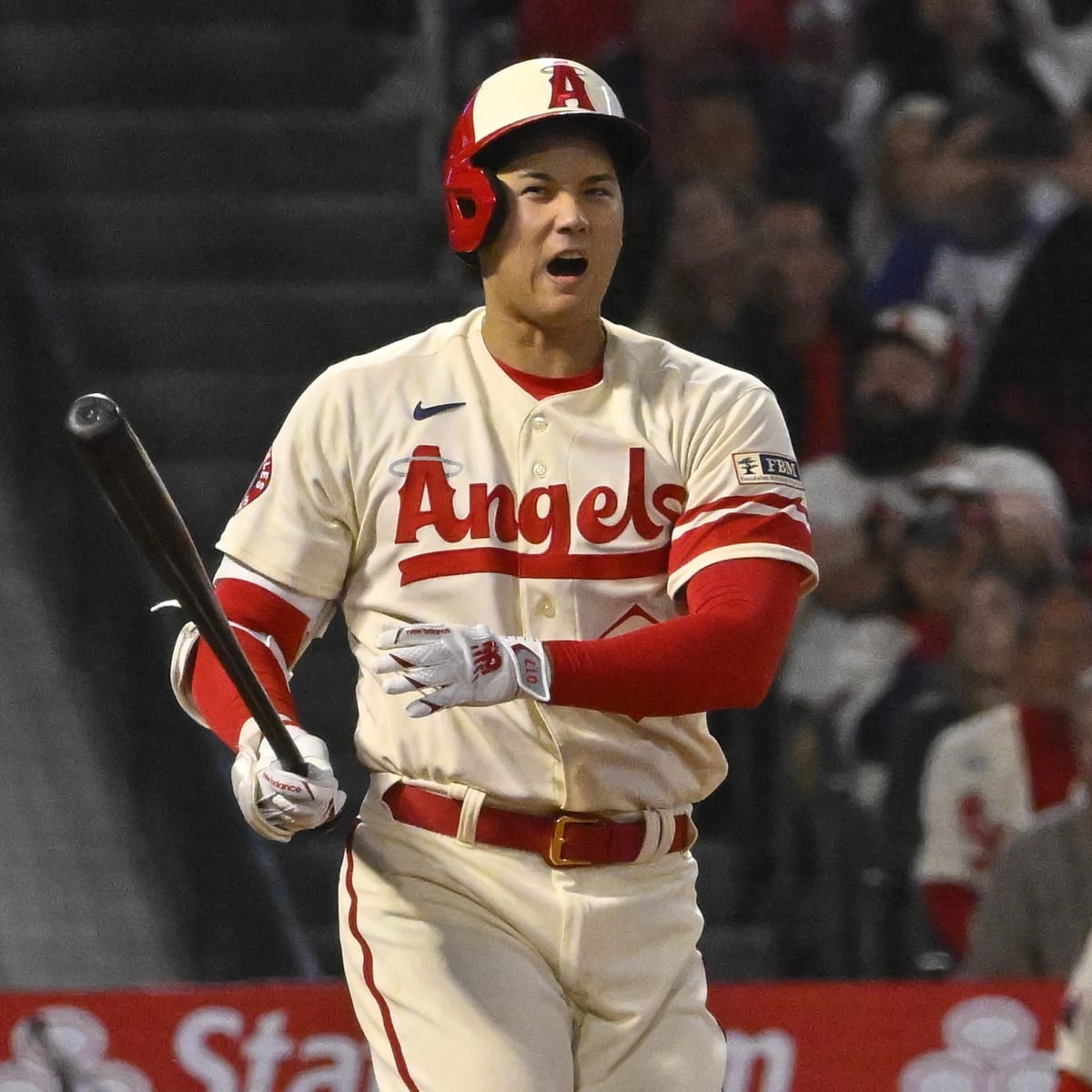 Shohei Ohtani of the Los Angeles Angels reacts before Brett