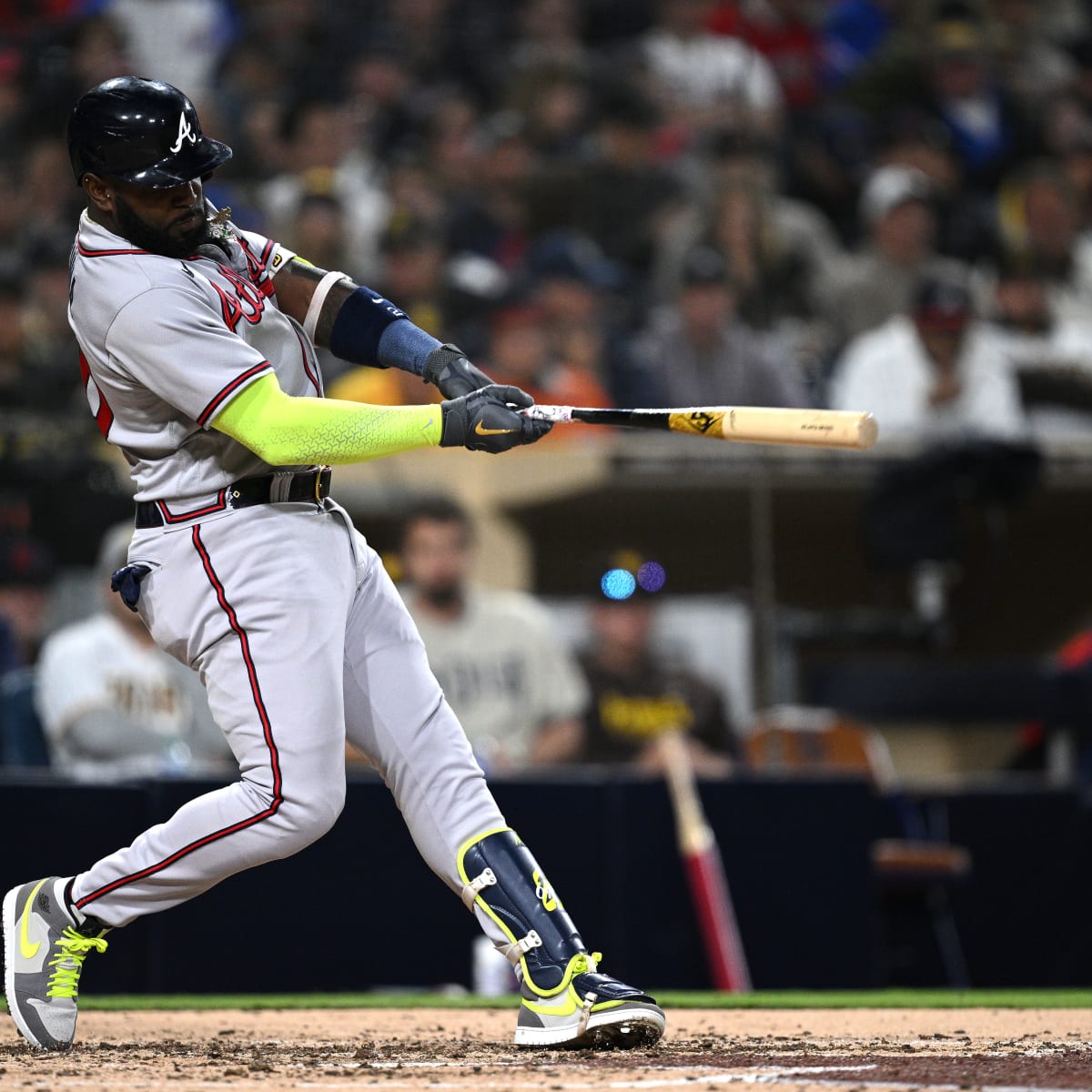 Atlanta, GA, USA. 09th Apr, 2022. Atlanta Braves outfielder Marcell Ozuna  hits a double during the third inning of a MLB game against the Cincinnati  Reds at Truist Park in Atlanta, GA.