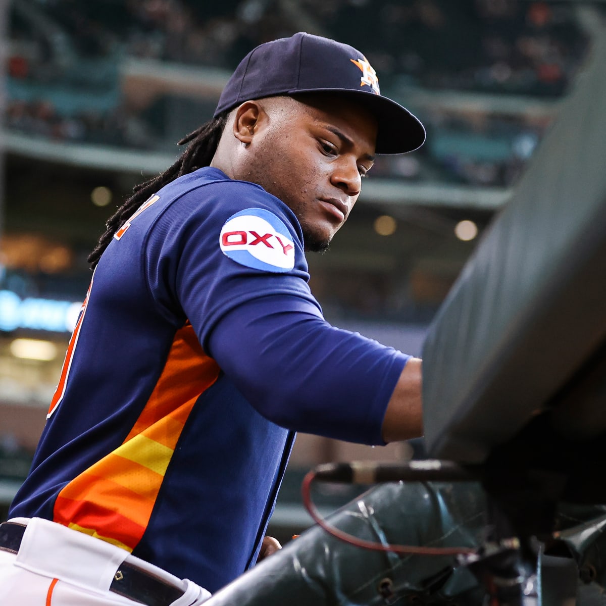 Closeup view of Houston Astros jersey with Houston Strong logo