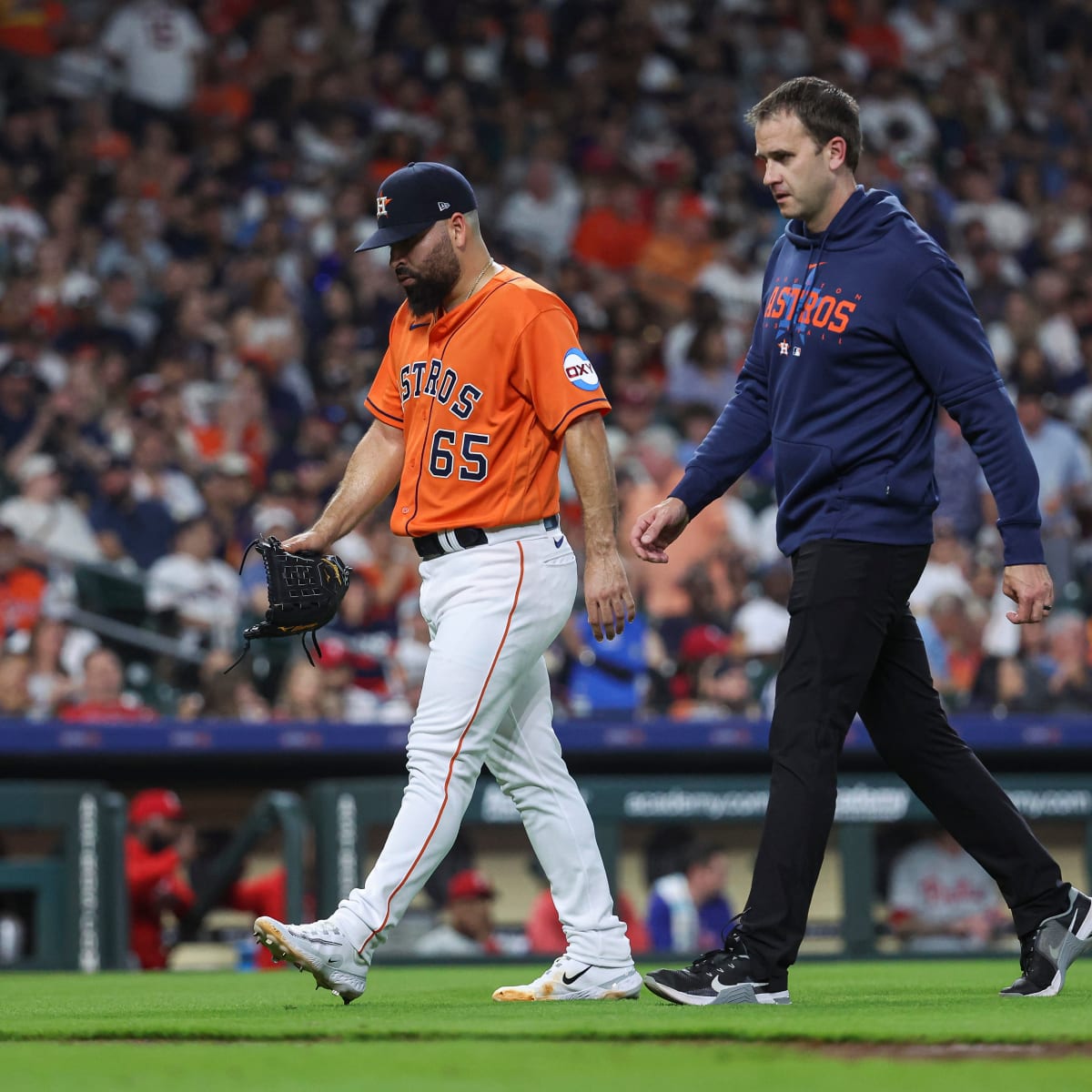 ARLINGTON, TX - MARCH 31: Houston Astros Starting pitcher Lance McCullers  Jr. (43) sits on the mound after getting hit by a line drive during the  baseball game between the Houston Astros