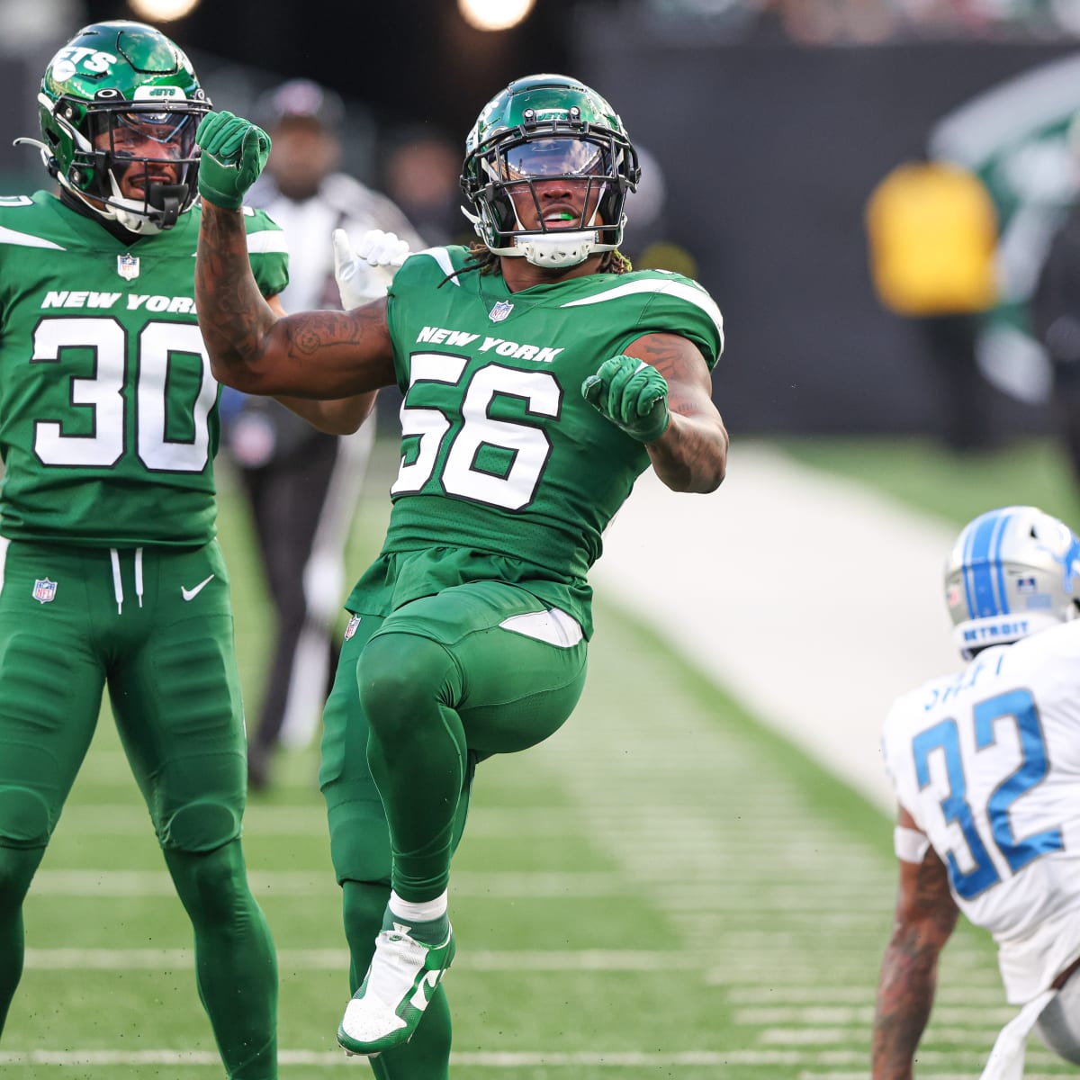 New York Jets linebacker Quincy Williams (56) defends against the