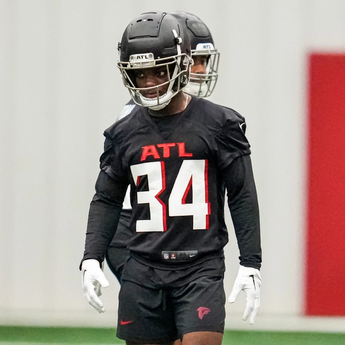 Atlanta Falcons cornerback Clark Phillips III (34) works during the first  half of an NFL preseason football game against the Pittsburgh Steelers,  Thursday, Aug. 24, 2023, in Atlanta. The Pittsburgh Steelers won